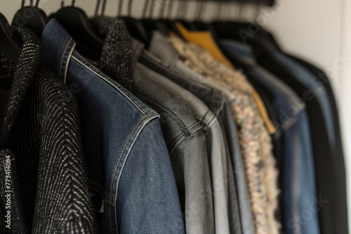 Clothing rack hangers hold stylish clothes in closet AI Generative
