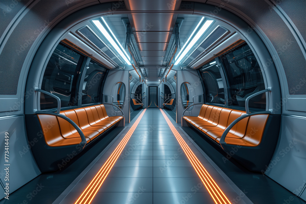 New modern futuristic interior cabin train metro subway in urban environment AI Generative