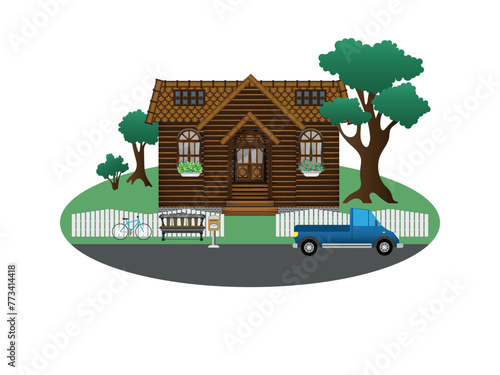 composition in the form of a rural house with a car and an asphalt road
