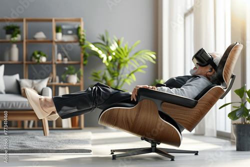 Person enjoys entertainment with VR glasses while lying on armchair
