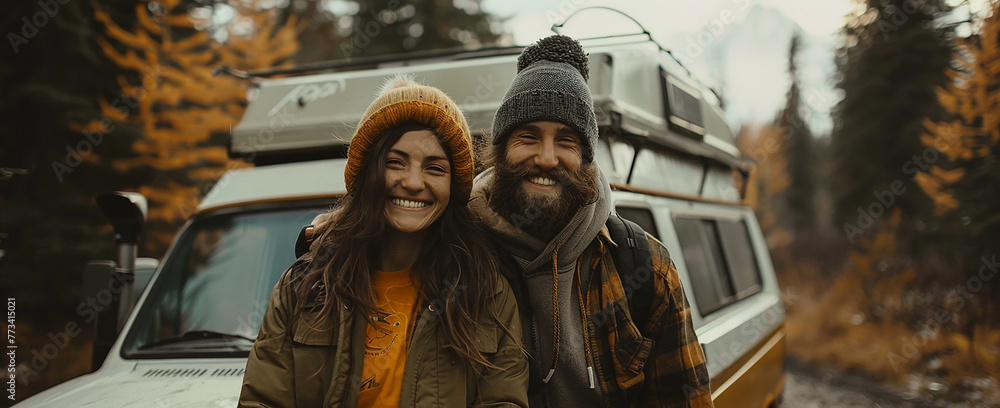 Obraz premium Travel.Young married couple relaxing near a campfire near their camper in the forest near a lake, traveling in a van, campervan, wilderness, traveler with trailer, glamping, road travel