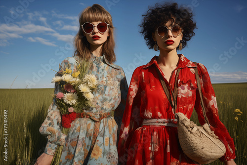 Two beautiful women in bright summer outfit holding basket and sunflowers in sunflowers feild with blue cloudy sky