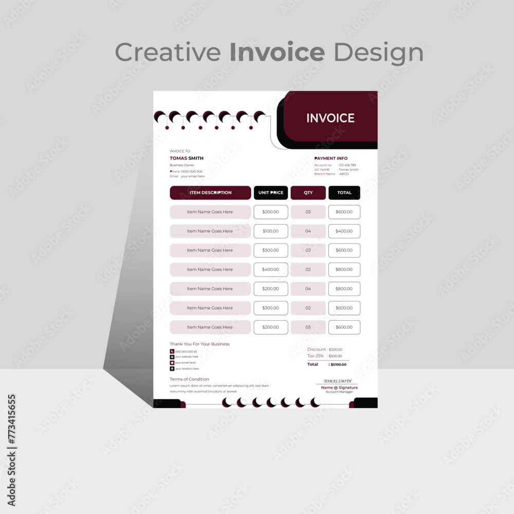  Professional invoice and letterhead design for corporate office. Creative invoice template vector. Simple and creative modern corporate clean design..