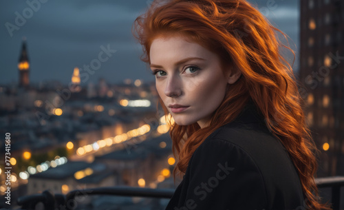 Portrait of a beautiful red-haired model, a ginger model with a face of beauty and red hair, noir, contrast, color paint, multiple colors, city at background , detailedPortrait of a beautiful red-hair © rodrigo