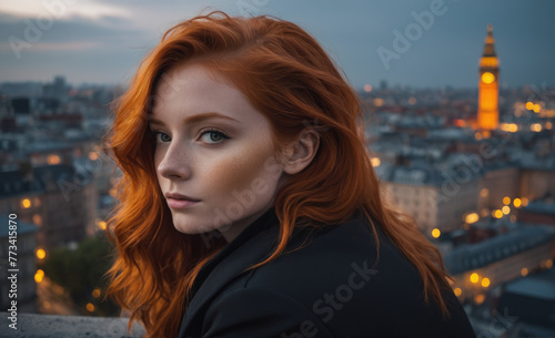 Portrait of a beautiful red-haired model, a ginger model with a face of beauty and red hair, noir, contrast, color paint, multiple colors, city at background , detailedPortrait of a beautiful red-hair © rodrigo