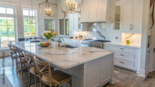 modern kitchen interior with big white marble kitchen island top 