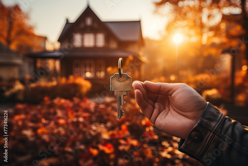 A man holds a key in his hands on the background of a house, the concept of buying and selling real estate.