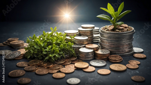 coins charts in ascending order with plant growing on top representing financial development in business, showcasing increasing profit growth with upward trending graphs, currency symbols, and corpora photo
