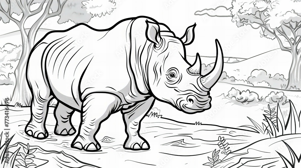 Fototapeta premium coloring book rhino cartoon illustration, drawing outline for children
