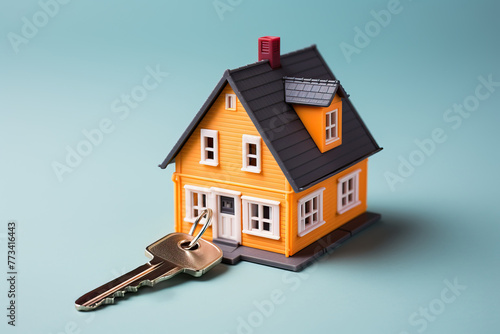 Small house mockup on background with keys, concept of selling buying houses.