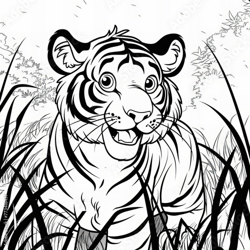 coloring book smiling tiger outline, relaxation activity for children