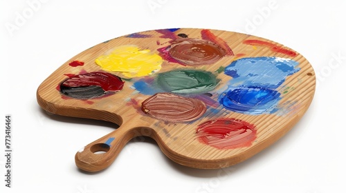Wooden art palette with paints isolated on white © Ahtesham