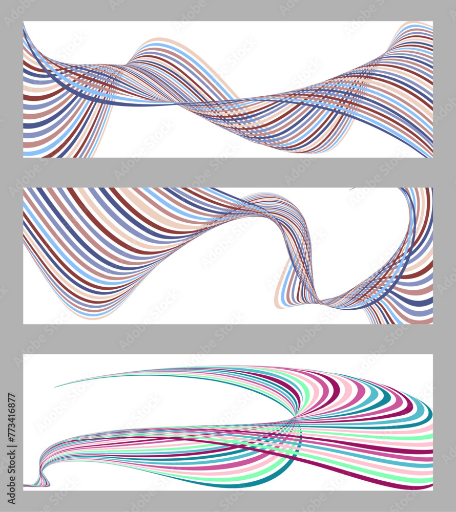Wavy lines or ribbons. Set of 3 backgrounds. Multicolored striped gradient. Creative unusual background with abstract gradient wave lines to create a trendy banner, poster. vector eps Wavy lines or ribbons. Set of 3 backgrounds. Multicolored striped gradient. Creative unusual background with abstract gradient wave lines to create a trendy banner, poster. vector eps