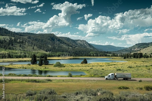 White semi truck transporting cargo on road near lake, commercial freight transportation landscape photo