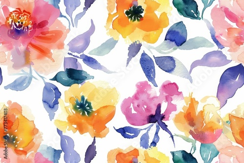 Whimsical watercolor seamless pattern with colorful flowers  hand-painted illustration