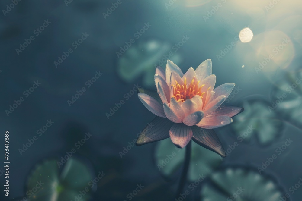 Solitary lotus flower in a peaceful water setting, for Vesak holiday imagery, mindfulness practices, and nature apps, copy-space background