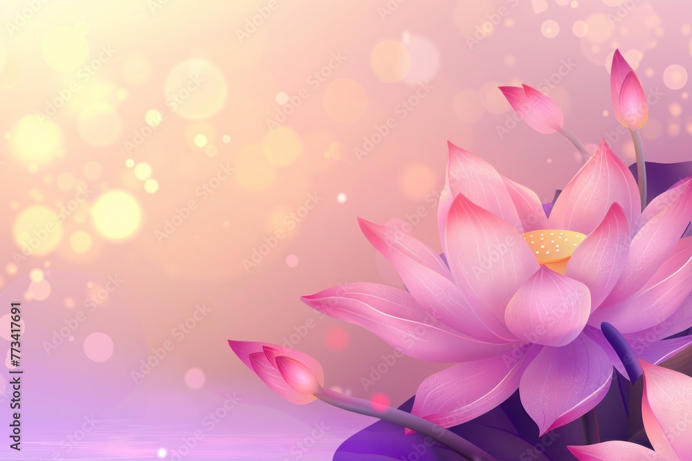 Fototapeta premium Buddhist Vesak holiday visual with luminescent lotuses, for use in festive and cultural contexts., copy-space background
