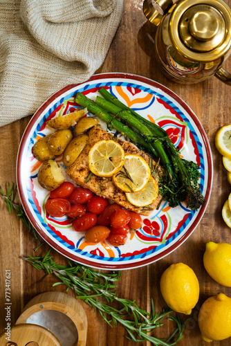 Salmon and asparagus on a board