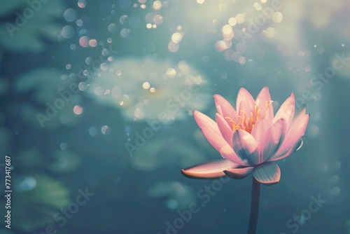 Pink lotus in full bloom on water, perfect for Vesak holiday themes, tranquility content, and floral designs, copy-space background