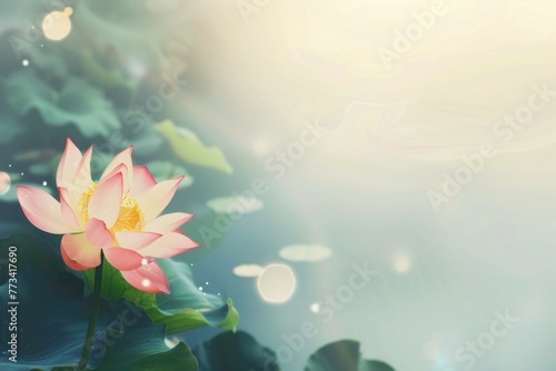 Serene pink lotus flower on a calm pond, ideal for wellness publications, Vesak celebration material, and Zen blogs, copy-space background
