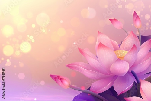 Buddhist Vesak holiday visual with luminescent lotuses, for use in festive and cultural contexts., copy-space background