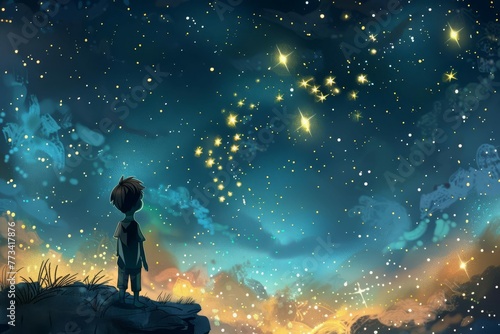 Whimsical illustration of boy gazing at starry night sky with glowing galaxy, hope and wonder concept