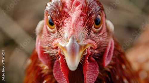 Close-up of Red Hen Head. A view from above of a domestic farm animal showing its feather and beak details. Ideal shot for agriculture, poultry, and bird-related themes