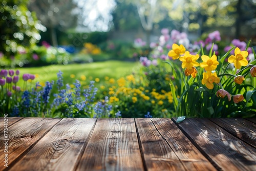 Empty wood table with spring flowers garden, placement product background