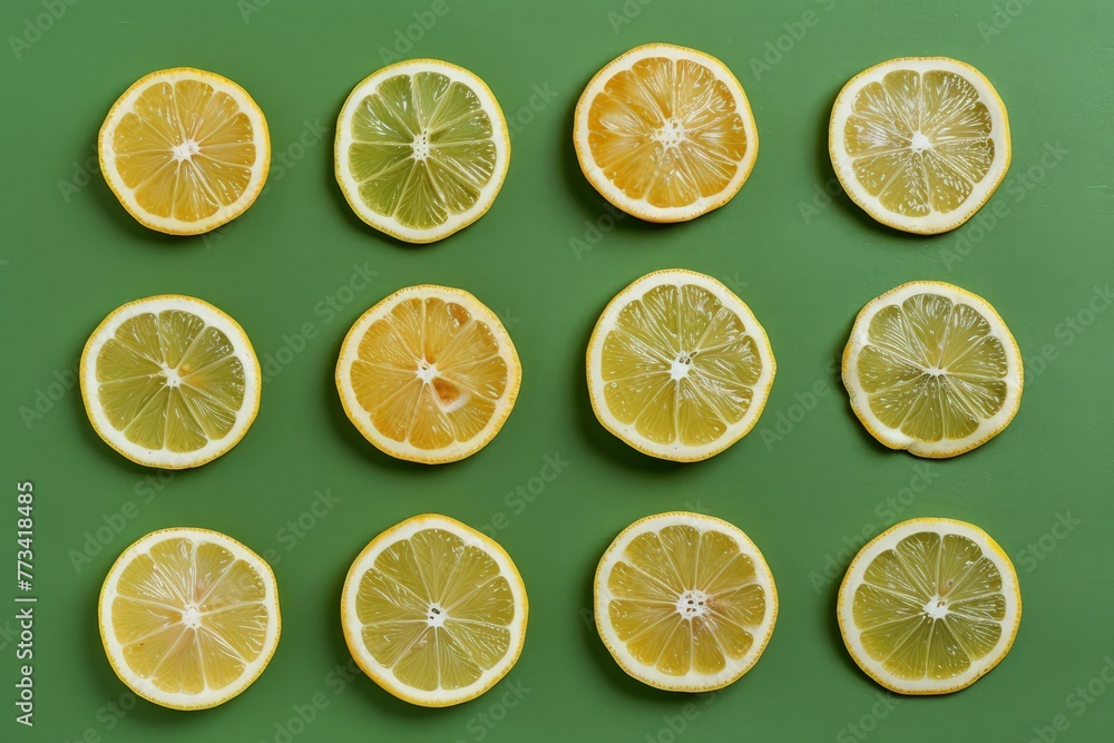 Several halved lemons arranged neatly on a green surface