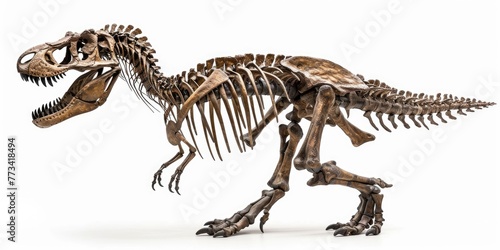 Dinosaur Discovery  Paleontology Learning with T-Rex Fossil Skeleton on White Background