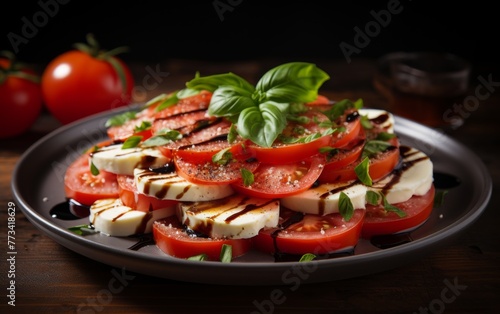 A delicious plate of sliced tomatoes and mozzarella placed neatly on a wooden table