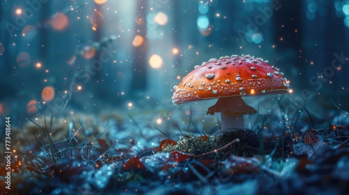 Enchanted Forest: Macro Shot of Magic Mushroom with Glowing Background. Mystical Digital Art of Fantasy Fungi in Earthy Surrounds