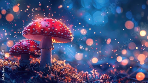 Enchanted Forest with Magic Mushroom - A Beautiful Macro Shot of Fantasy Fungi and Mystic Glow in a Digital Art Fairy Tale