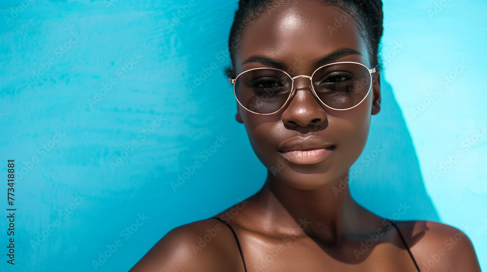 Portrait of sexy woman in a bikini looking at camera. Black woman portrait with copy space for text. Summer concept. Portrait of sexy woman in a bikini looking at camera. Black woman portrait with copy space for text. Summer concept.