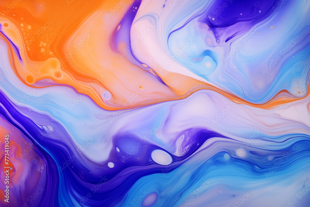 Vibrant and abstract background featuring fluid art. Trendy neon gradient in orange with a marble effect in purple, orange and blue. A stylish backdrop for websites, postcards, and notebooks. Vibrant and abstract background featuring fluid art. Trendy neon gradient in orange with a marble effect in purple, orange and blue. A stylish backdrop for websites, postcards, and notebooks.