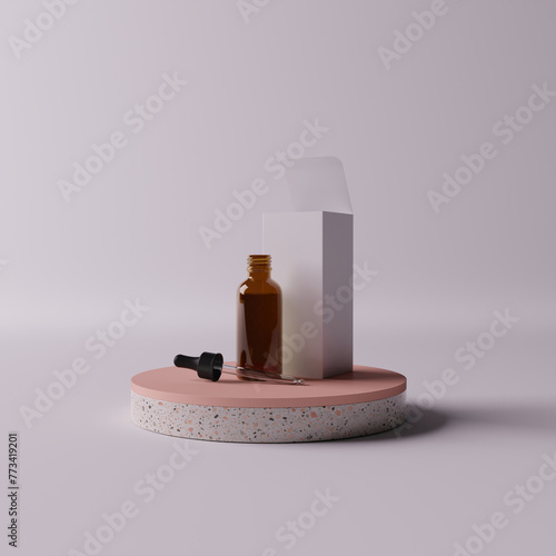 Amber glass dropper bottle and box on podium