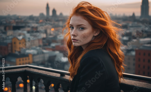 Portrait of a beautiful red-haired model, a ginger model with a face of beauty and red hair, noir, contrast, color paint, multiple colors, city at background , detailedPortrait of a beautiful red-hair photo