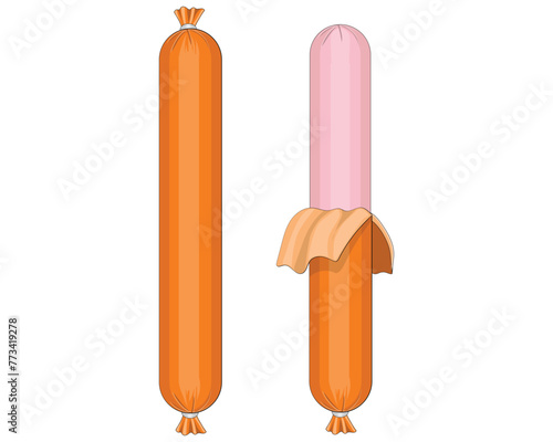 vector design of two orange beef sausage sticks where one sausage is still wrapped and the other is open