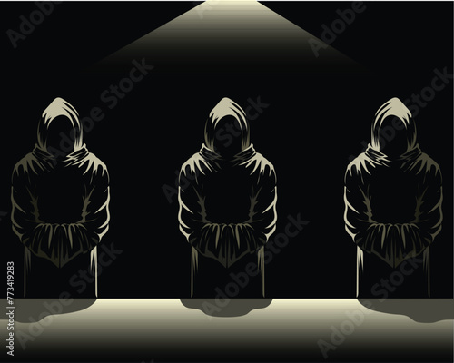 vector design illustration of silhouettes of three people wearing black robes with head coverings standing under the light of a lamp and in front of the three of them there is an altar or table