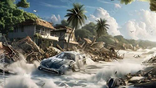 Consequences of a tsunami, an ocean storm destroys the coast, houses, cars and property. photo