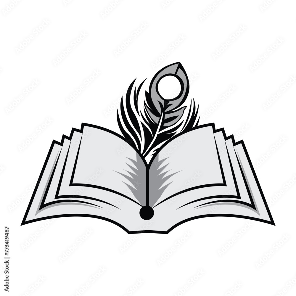 Amazing book with feather logo, icon vector art illustration.