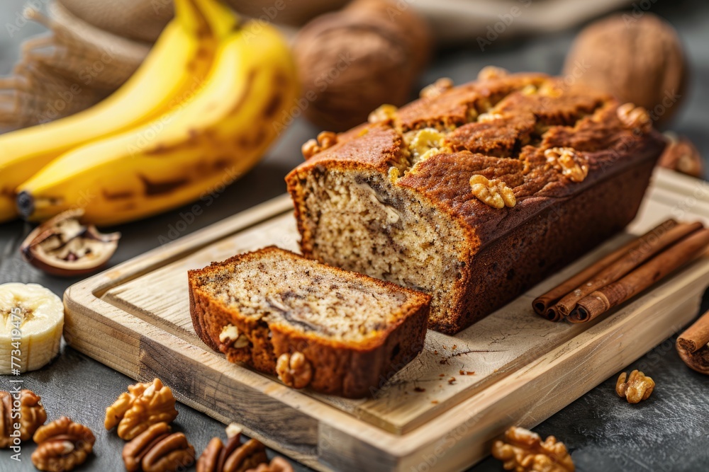 Homemade Banana Nut Bread with Cinnamon Flavor, Topped with Walnuts - Close-up View Homemade Banana Nut Bread with Cinnamon Flavor, Topped with Walnuts - Close-up View