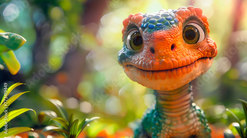 a charming dinosaur character with colorful scales and a friendly smile