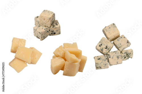 Cheese cubes isolated on a white background.