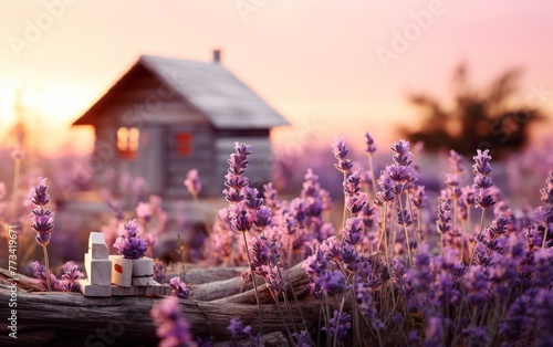 A vibrant lavender field with a charming house nestled in the background