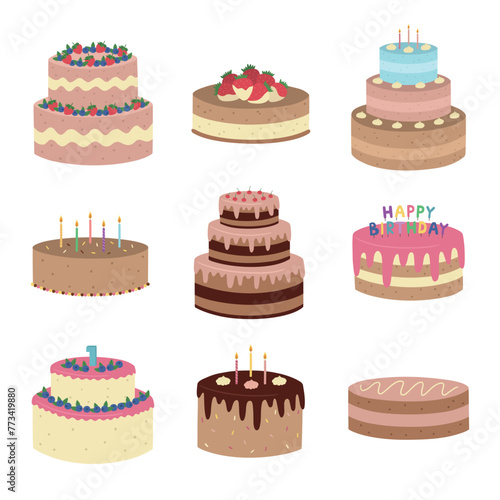 A set of hand-drawn cakes. Isolated dessert on a white background. Vector illustration © Victoria Guzeeva