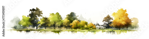 The countryside. Houses among the trees. Isolated PNG cutout. . Watercolor landscape illustration. Horizontal bar element for book design, divider, separator, footer for website.