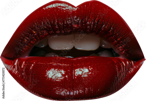 Sensual red lips close-up with matte lipstick cut out on transparent background