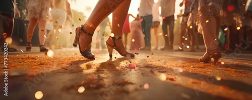 A photo of a lively dance floor at a summer beach party, with close-up on dancing feet and sandy floor, in a dynamic, --ar 5:2 Job ID: b992cdcf-4ff2-4a3f-8471-17089bd0e7cd photo