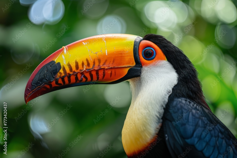 Naklejka premium A toucan bird is perched on a branch, showing its vibrant plumage and unique beak in close detail